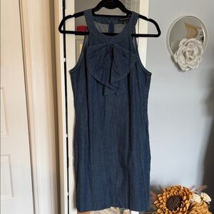 Sleeveless Dark Denim Shift Dress with Front Ruffle